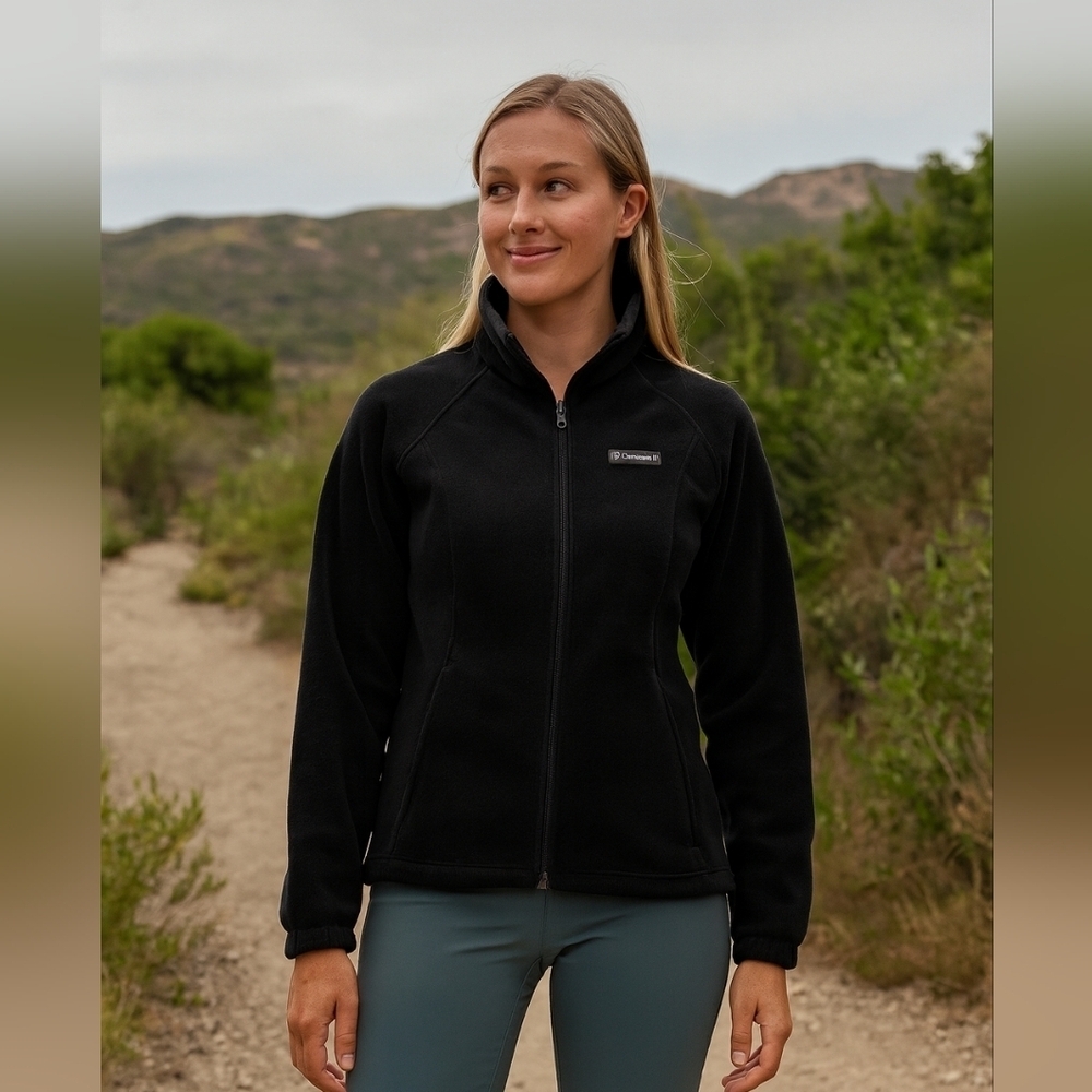 XL Womens Columbia Black Fleece Jacket EUC Fitted Bungy Drawstring Full Zip